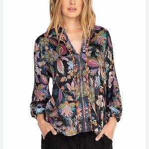 Johnny Was Floral Print V-Neck Black Women's Blouse